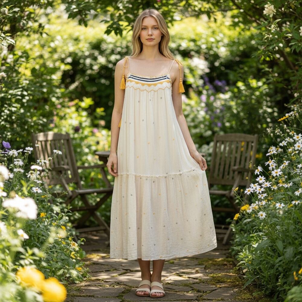 Hoss Intropia Embroidery Crocheted Bohemian Dress Size 6 100% Cotton Gauze